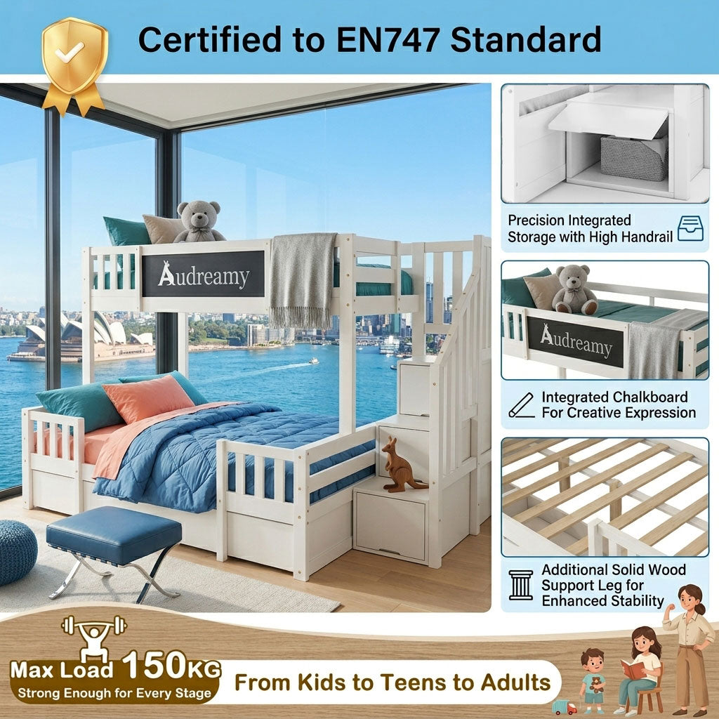 Audreamy Nimby Bunk Bed with Chalkboard for Kids White Wooden
