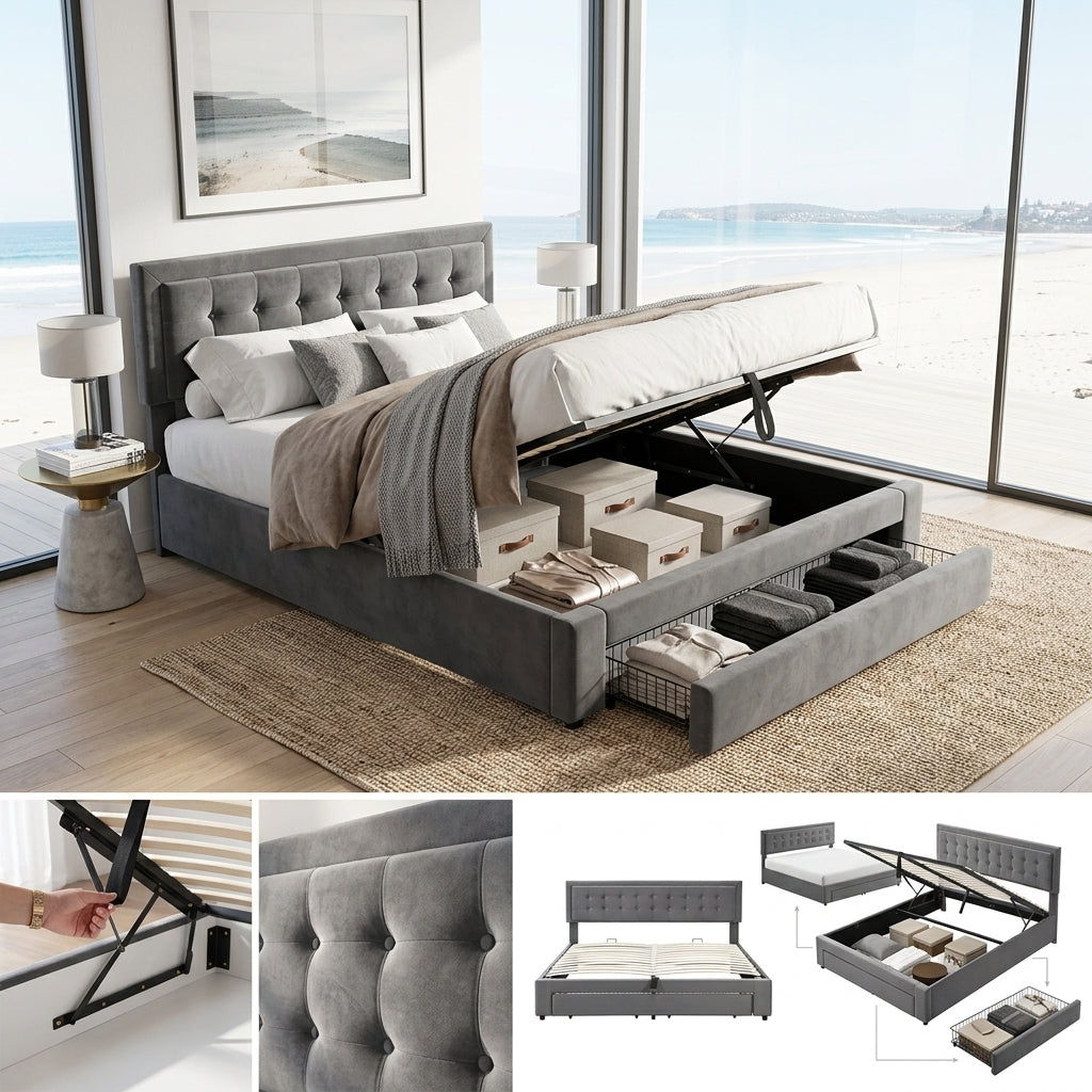 Audreamy Everley Ottoman Bed Grey Velvet