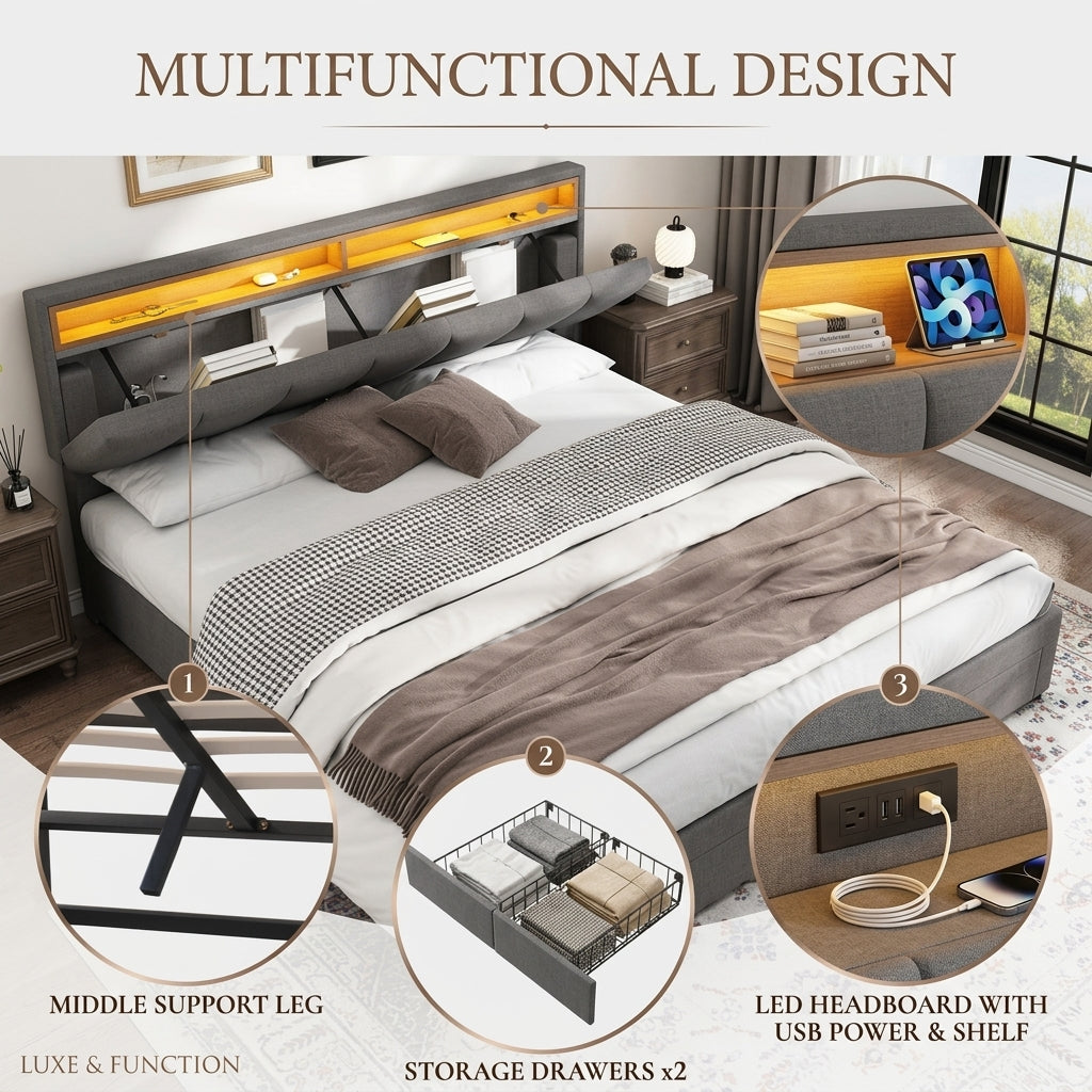 Upholstered bed with LED lighting Grey Linen
