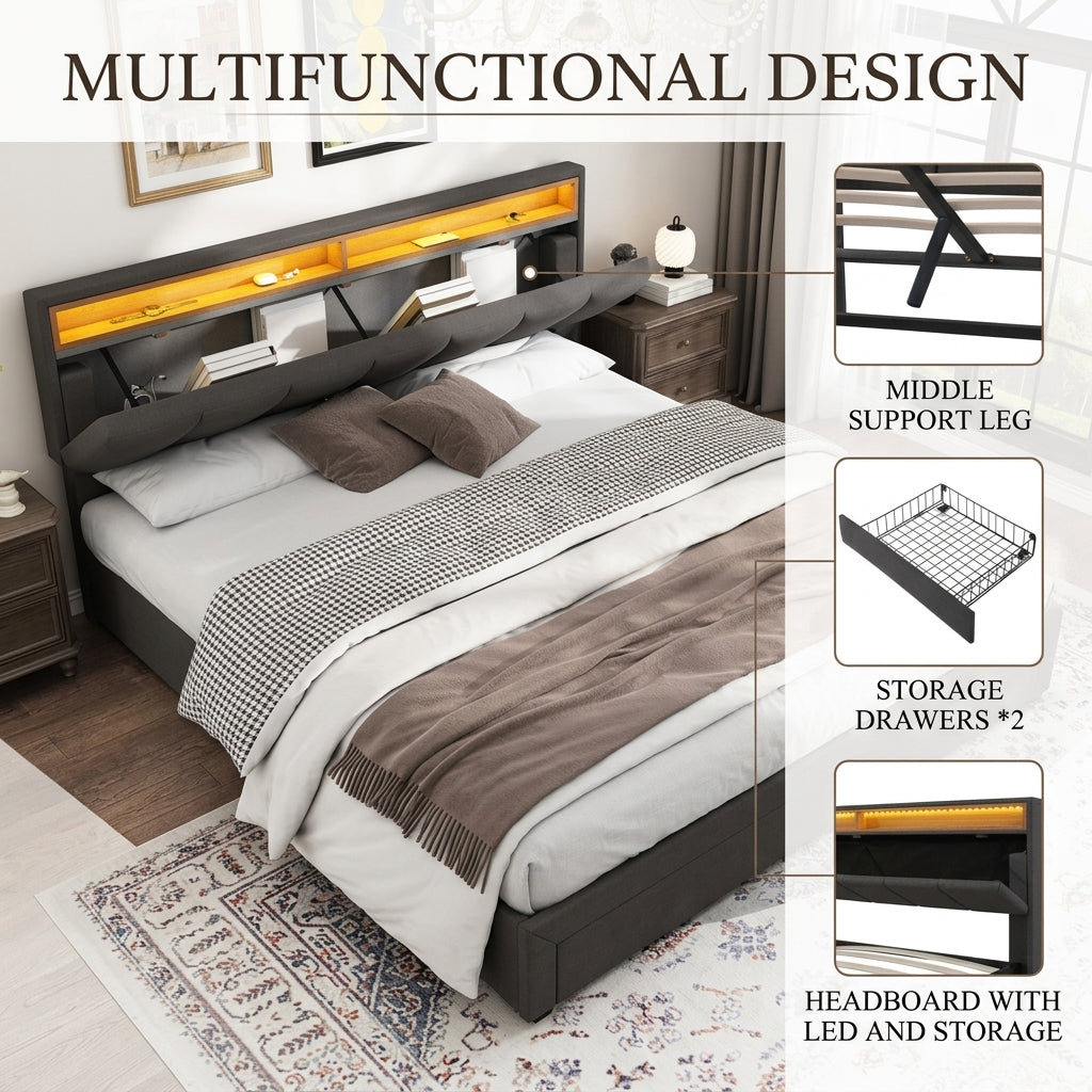 Upholstered bed with LED lighting Grey Linen