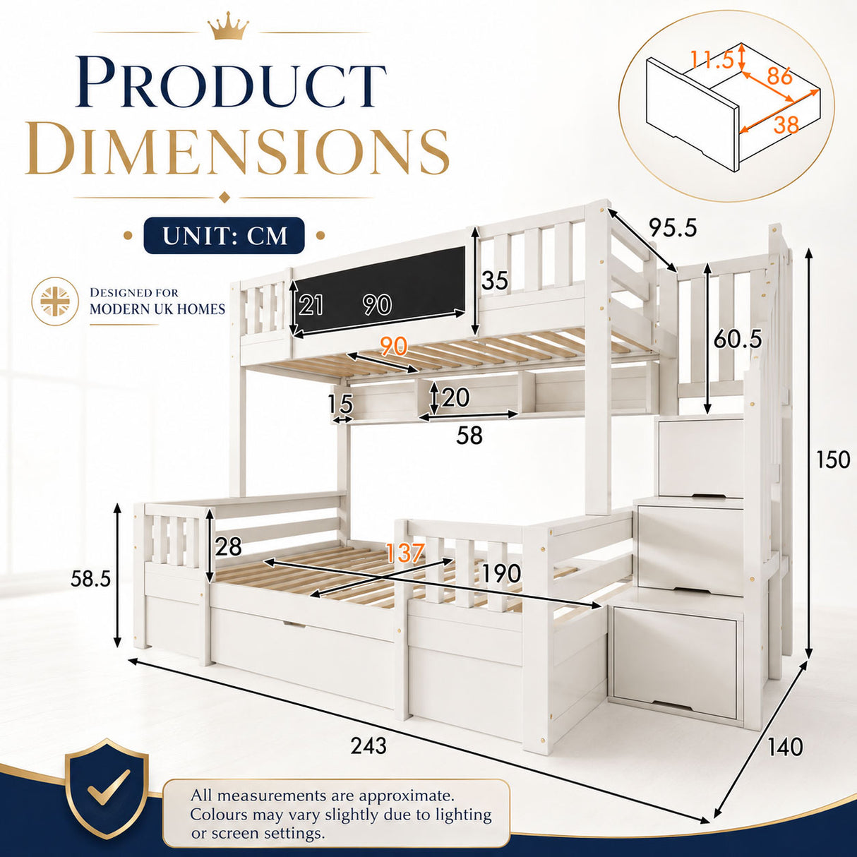 Audreamy Nimby Bunk Bed with Chalkboard for Kids White Wooden