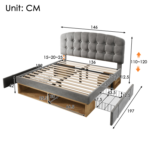 Audreamy Modra Upholstered Bed with Storage Drawers, Adjustable Headboard Grey Velvet