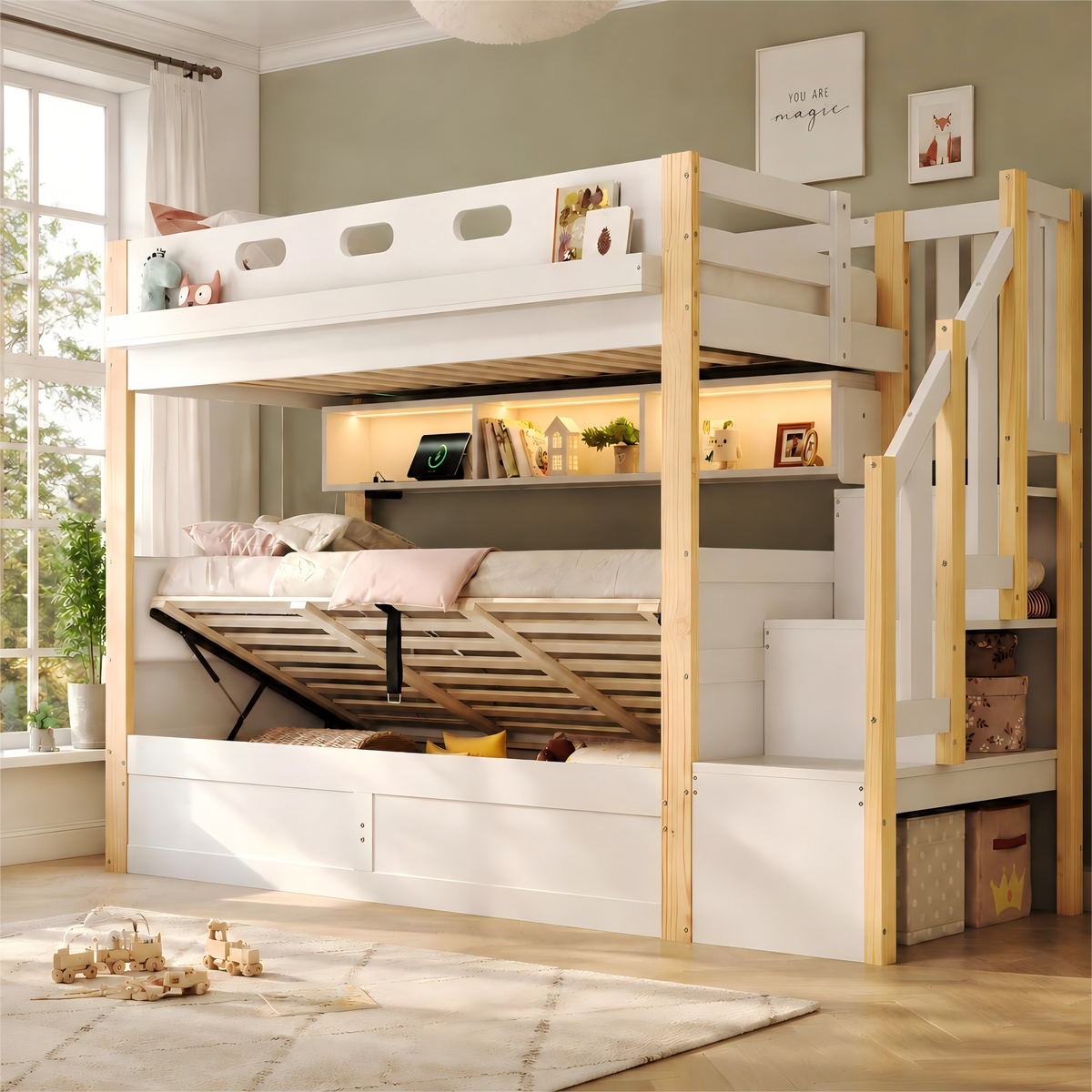 Audreamy Bobo Children's Loft Bunk Bed with LED Lights & Storage Stairs White Natural ottoman