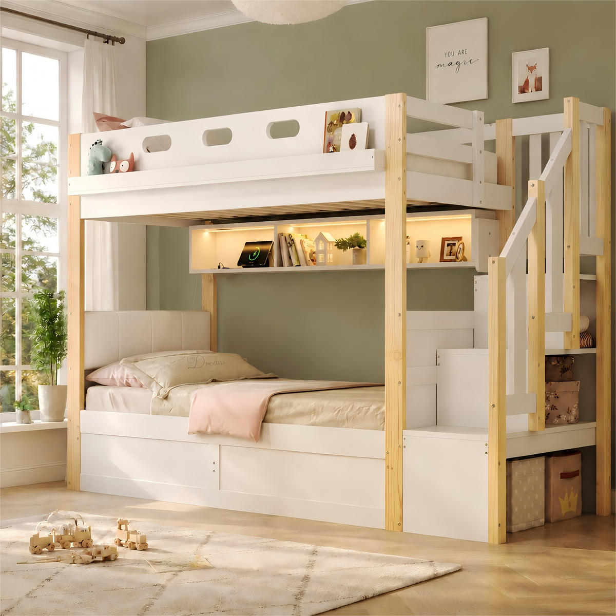 Audreamy Bobo Children's Loft Bunk Bed with LED Lights & Storage Stairs White Natural ottoman