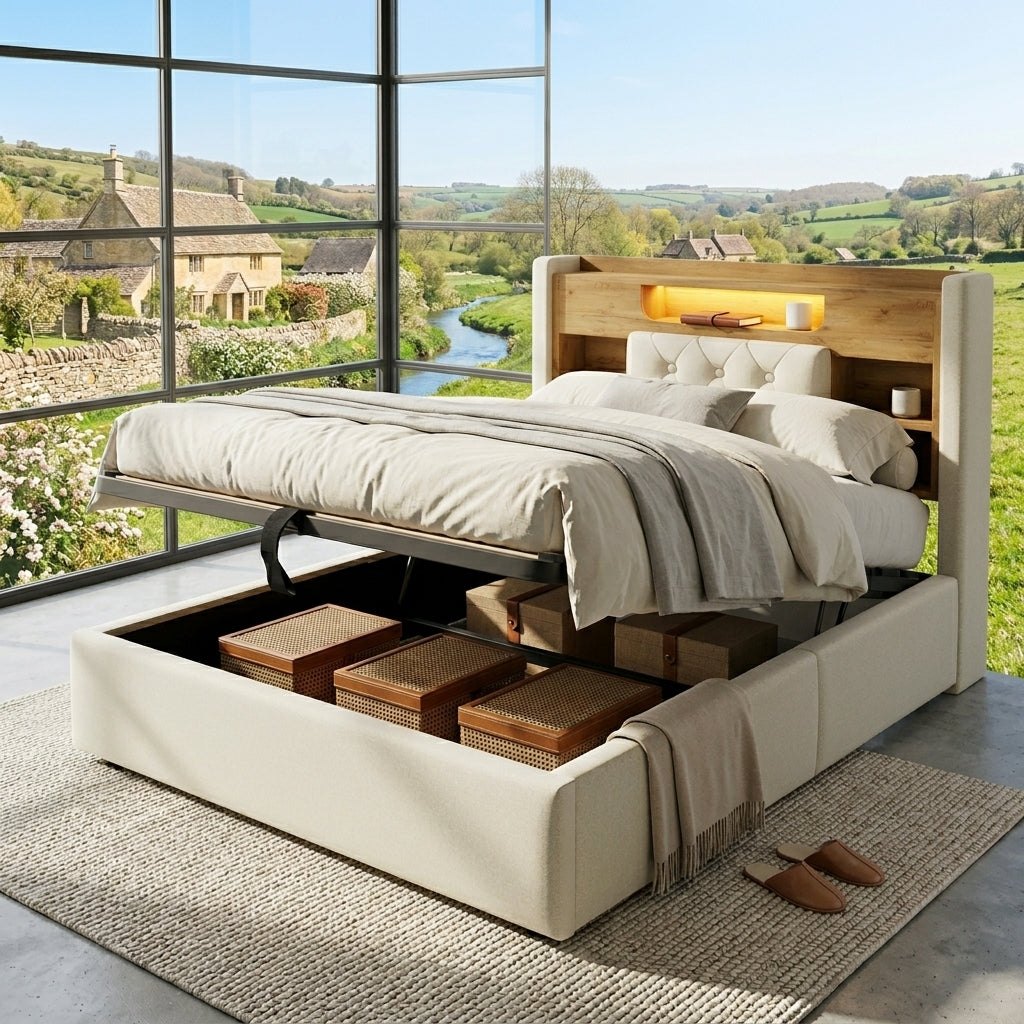 Audreamy Dorma Upholstered Bed with Storage Drawers, LED & USB Charging Beige Linen