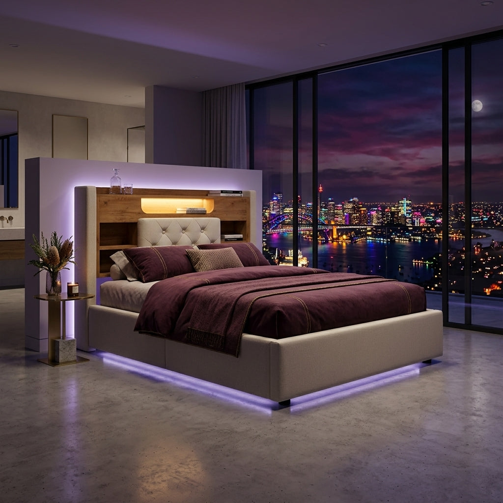 Audreamy Dorma Upholstered Bed with Storage Drawers, LED & USB Charging Beige Linen