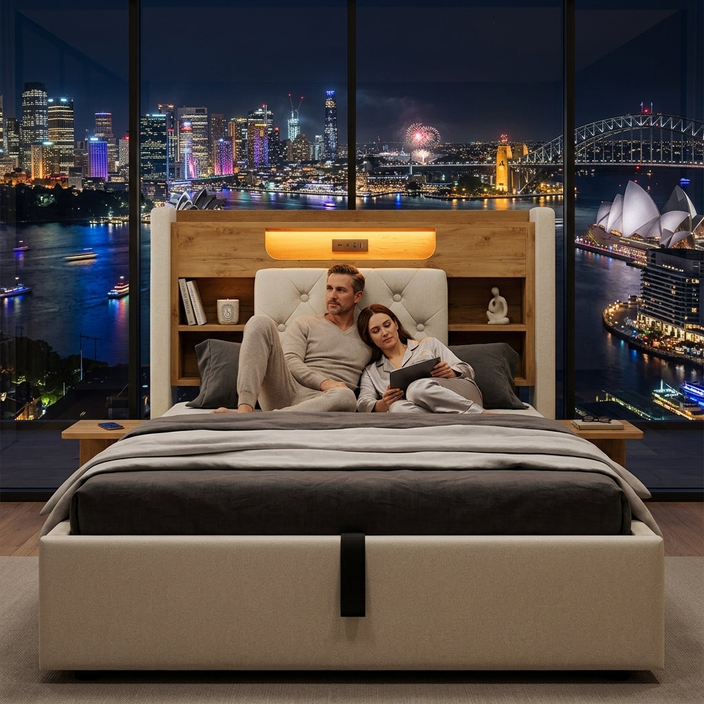 Audreamy Dorma Upholstered Bed with Storage Drawers, LED & USB Charging Beige Linen
