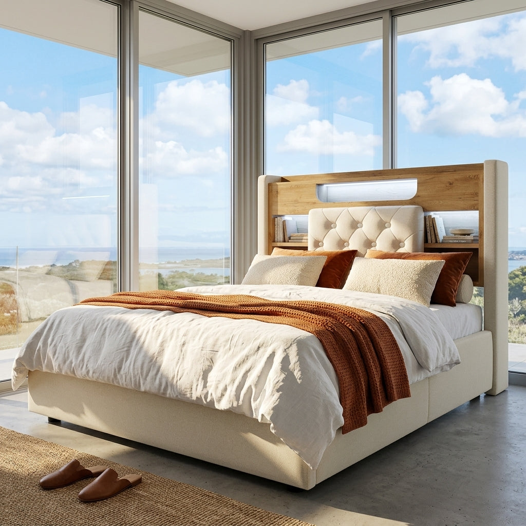 Audreamy Dorma Upholstered Bed with Storage Drawers, LED & USB Charging Beige Linen