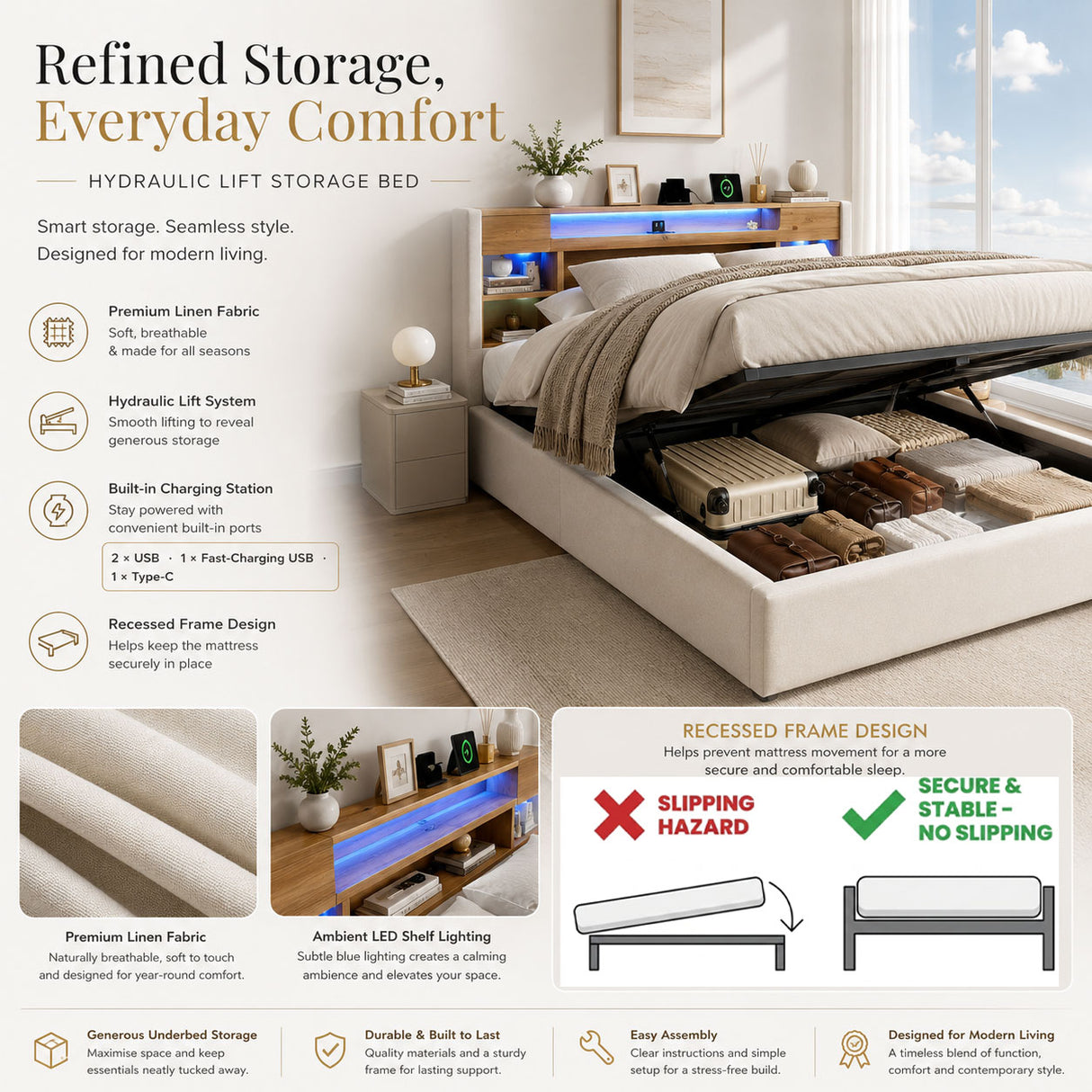 Audreamy Dorma Upholstered Bed with Storage Drawers, LED & USB Charging Beige Linen