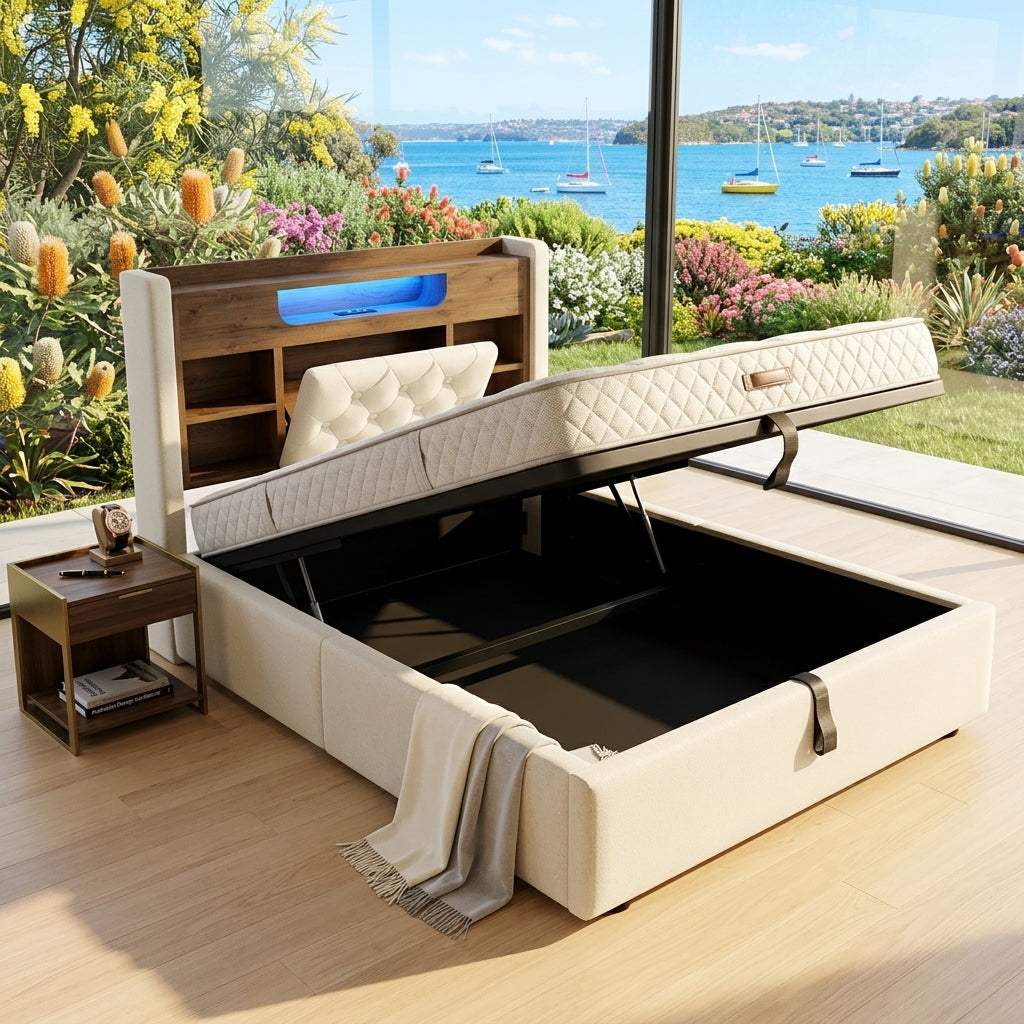 Audreamy Dorma Upholstered Bed with Storage Drawers, LED & USB Charging Beige Linen