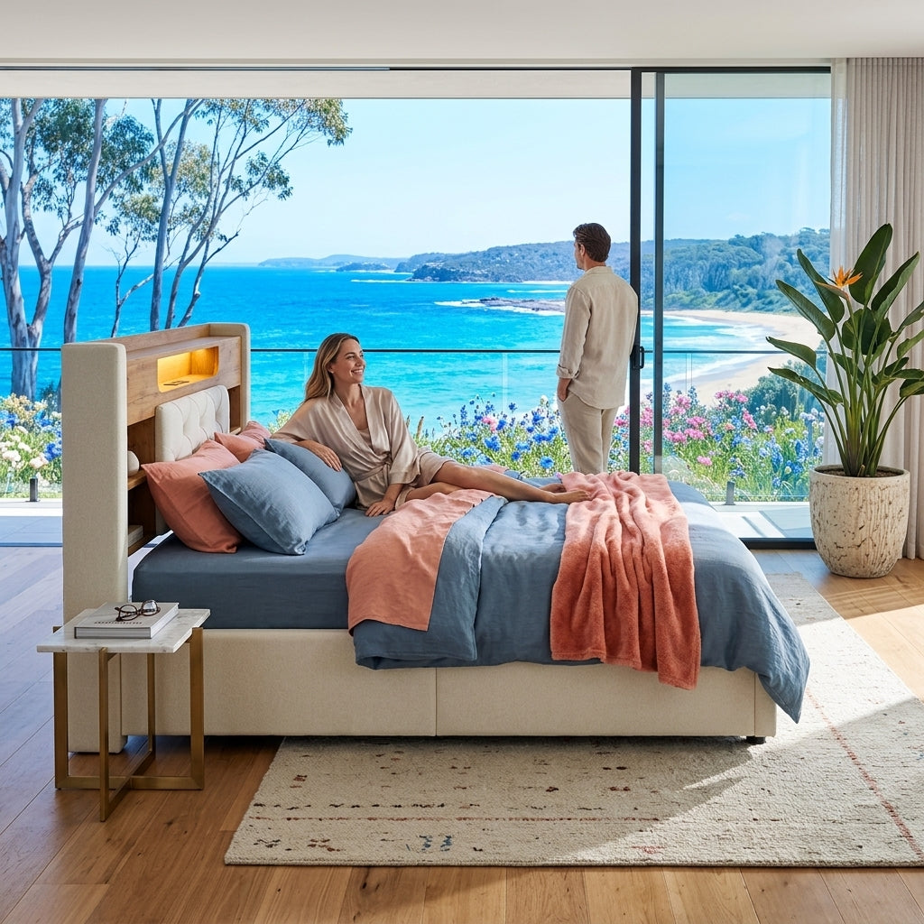 Audreamy Dorma Upholstered Bed with Storage Drawers, LED & USB Charging Beige Linen
