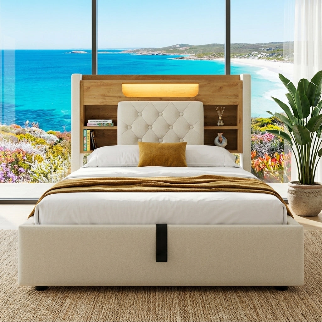 Audreamy Dorma Upholstered Bed with Storage Drawers, LED & USB Charging Beige Linen