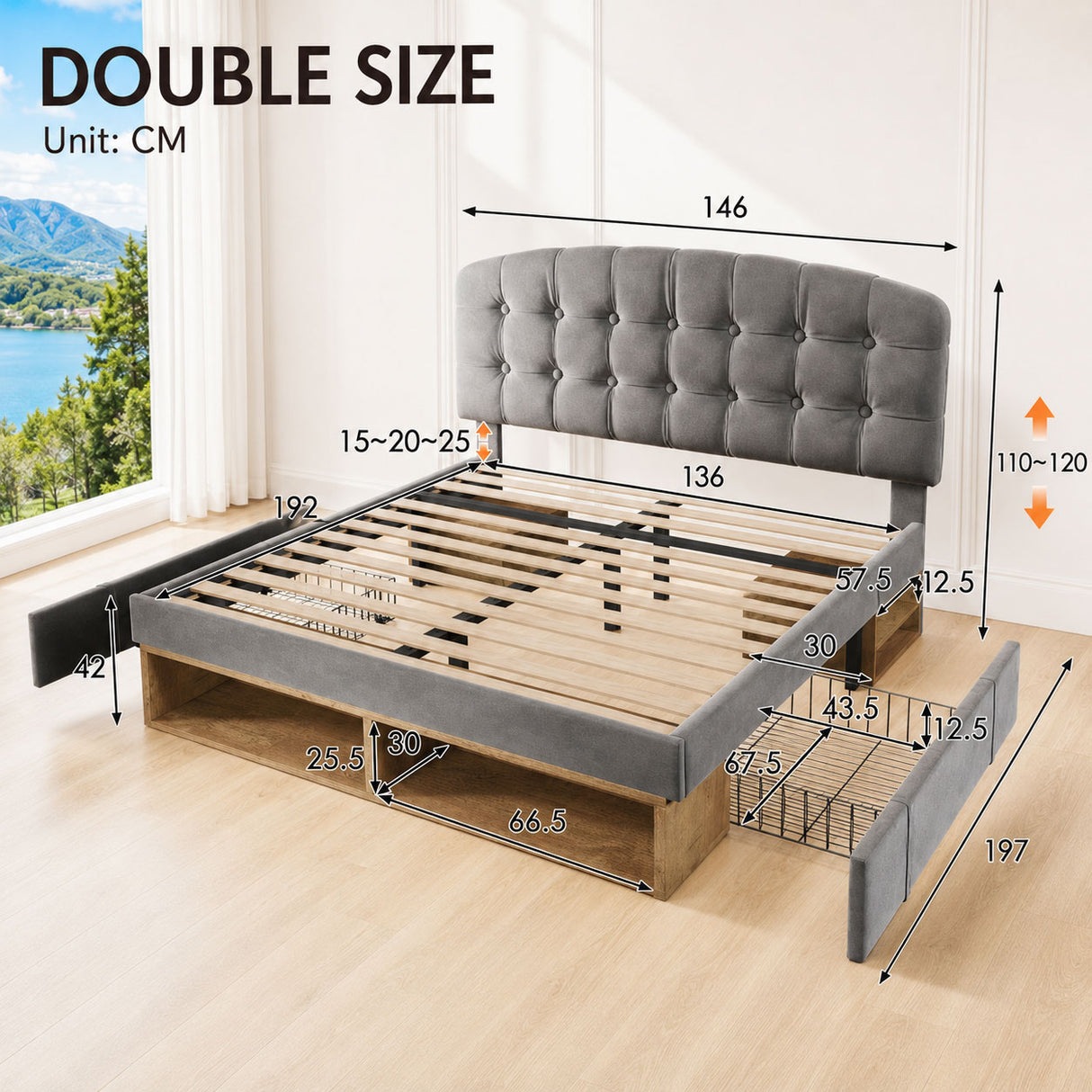 Audreamy Modra Upholstered Bed with Storage Drawers, Adjustable Headboard Grey Velvet