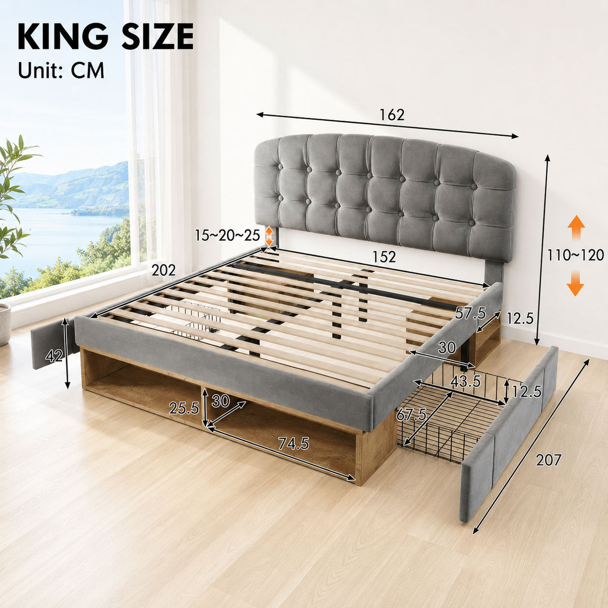 Audreamy Modra Upholstered Bed with Storage Drawers, Adjustable Headboard Grey Velvet