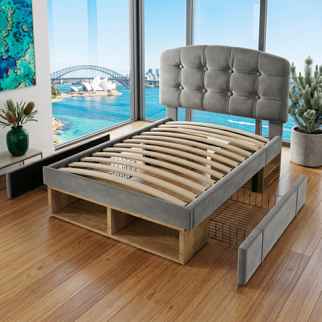 Audreamy Modra Upholstered Bed with Storage Drawers, Adjustable Headboard Grey Velvet
