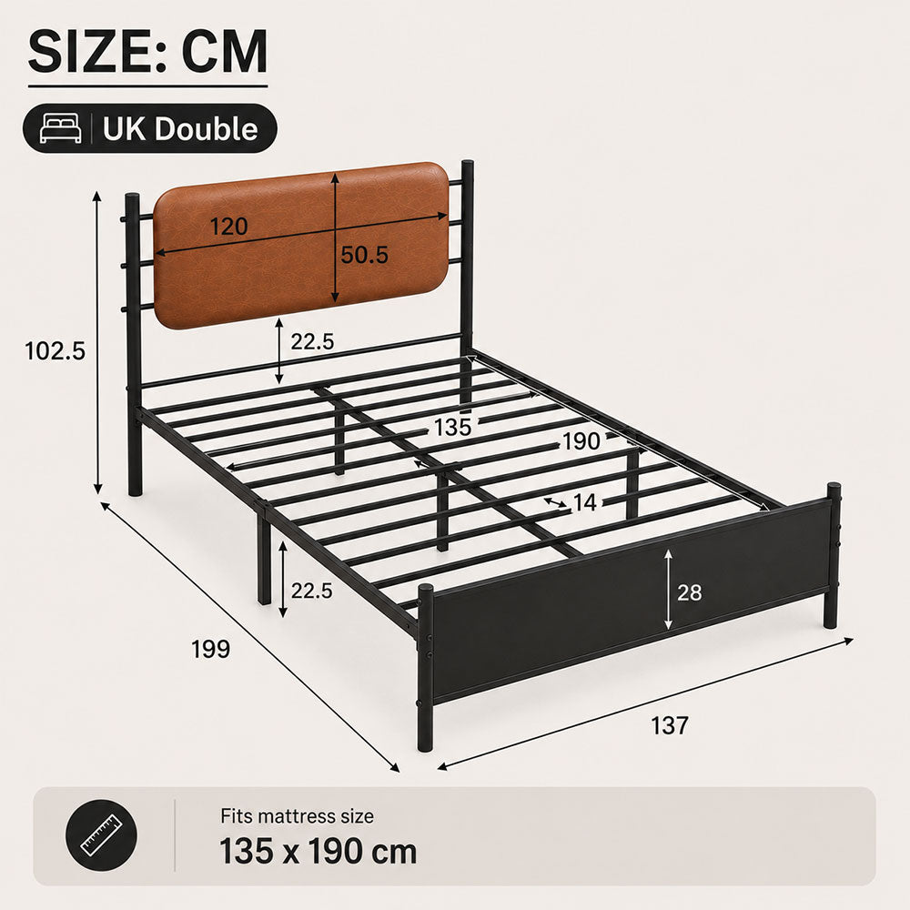 Metal bed, With a PU-upholstered headboard, Black Iron+PU