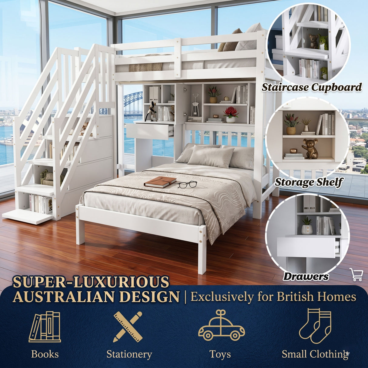 Audreamy Eryndor Bunk Bed High Sleepers White Wood Single