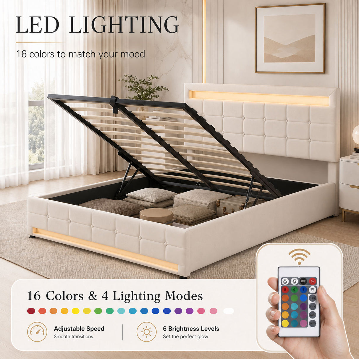 Audreamy Arlo Ottoman Bed Beige Velvet Double