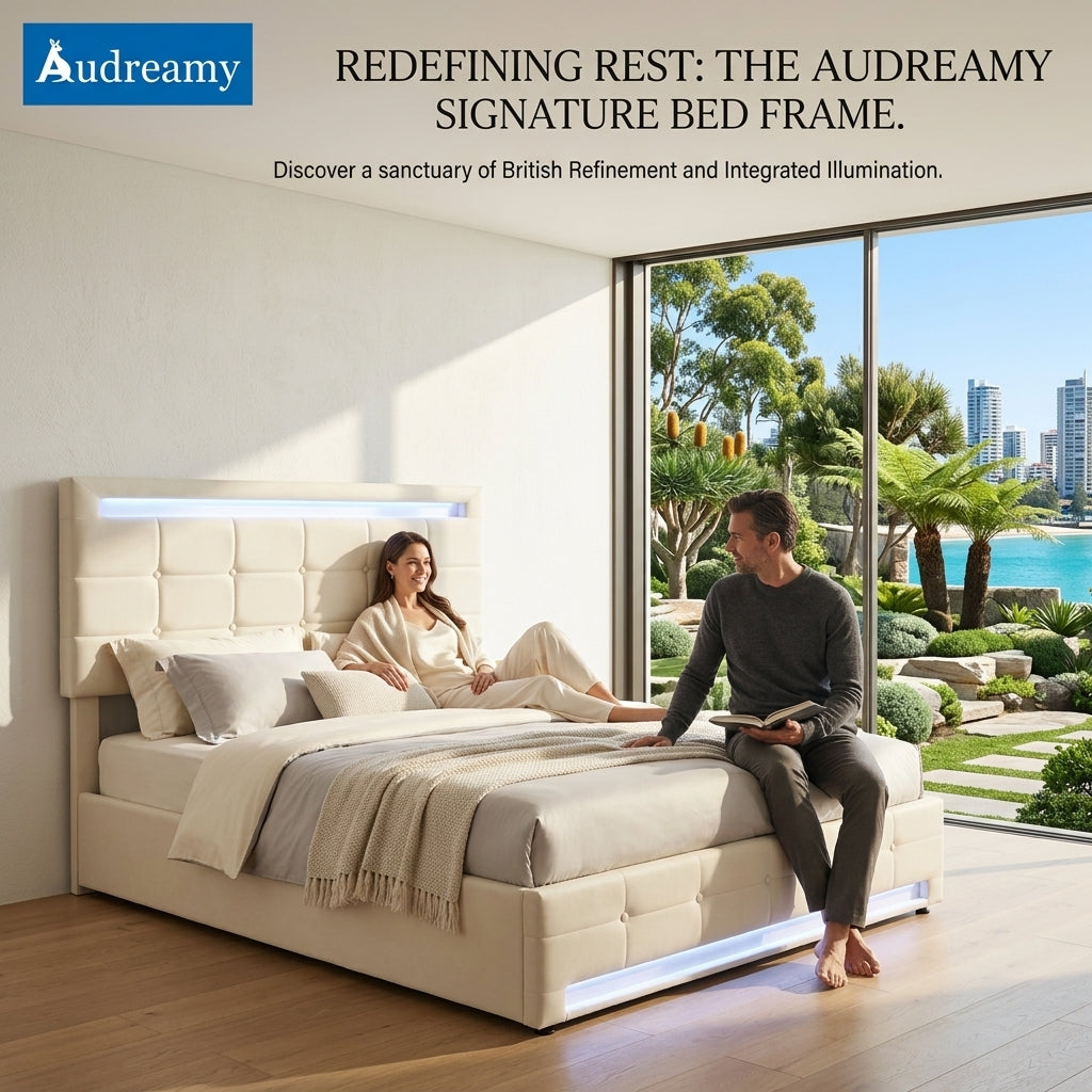 Audreamy Arlo Ottoman Bed Beige Velvet Double