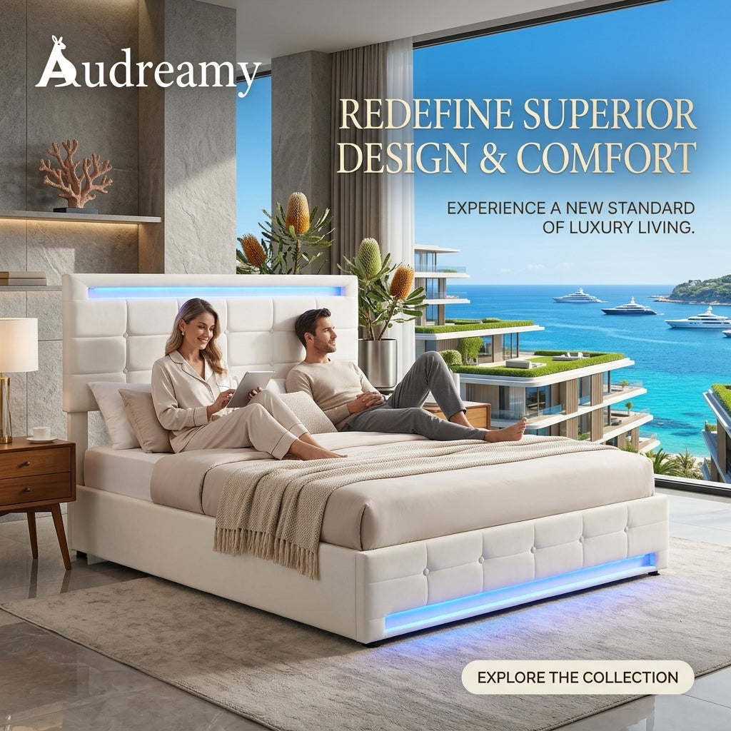 Audreamy Arlo Ottoman Bed Beige Velvet Double