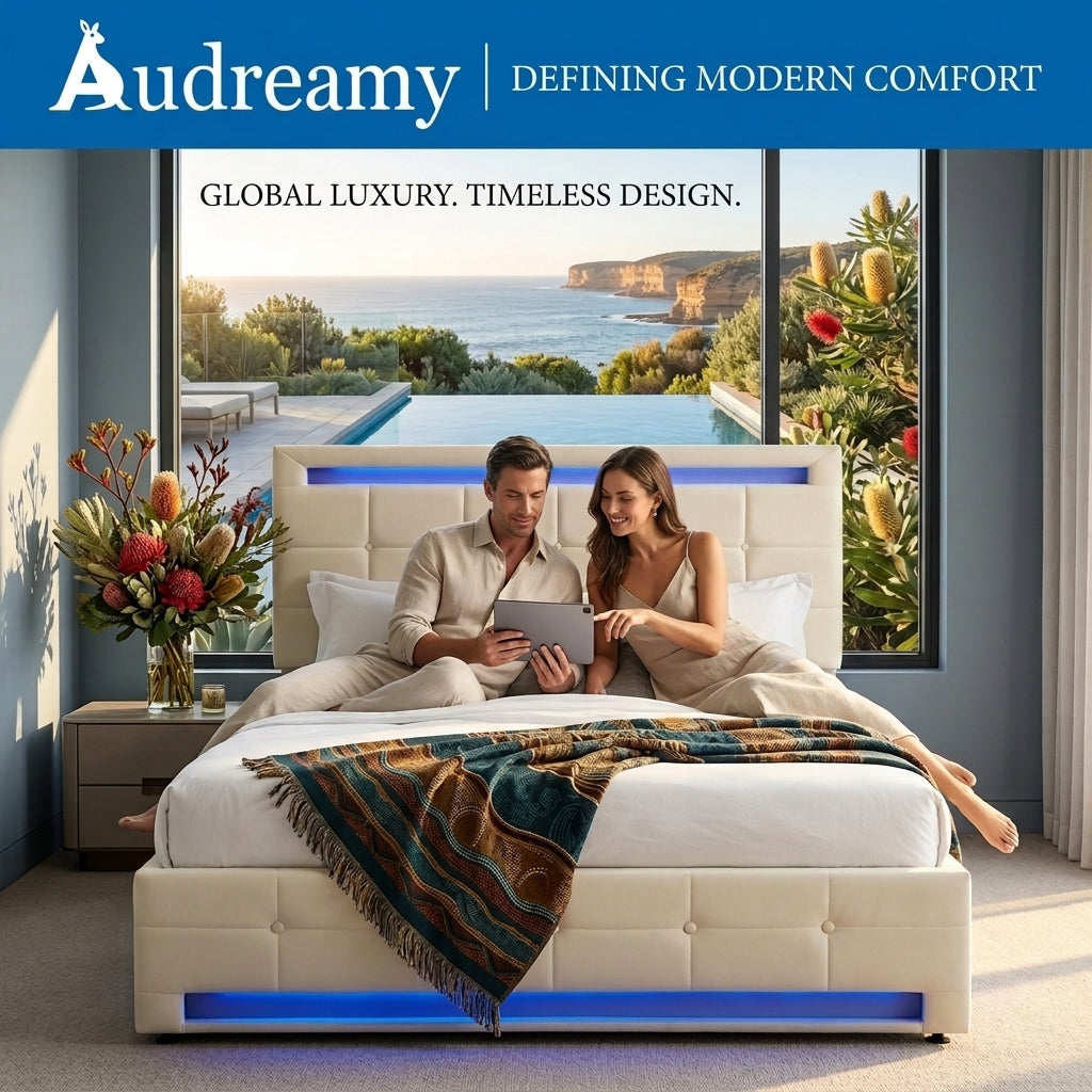 Audreamy Arlo Ottoman Bed Beige Velvet Double
