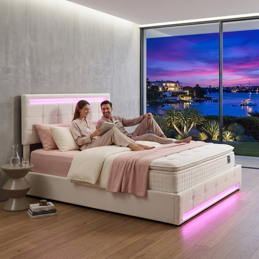 Audreamy Arlo Ottoman Bed Beige Velvet Double
