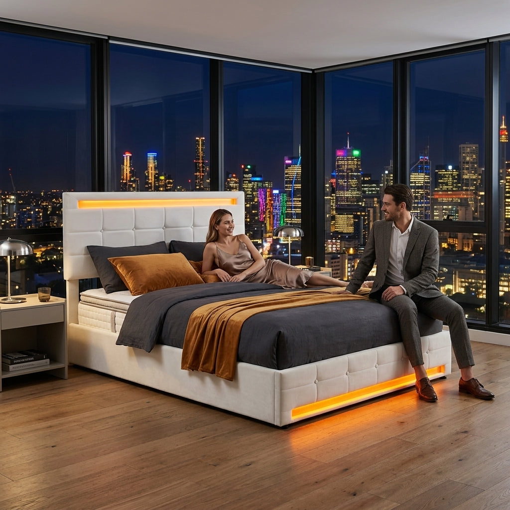 Audreamy Arlo Ottoman Bed Beige Velvet Double