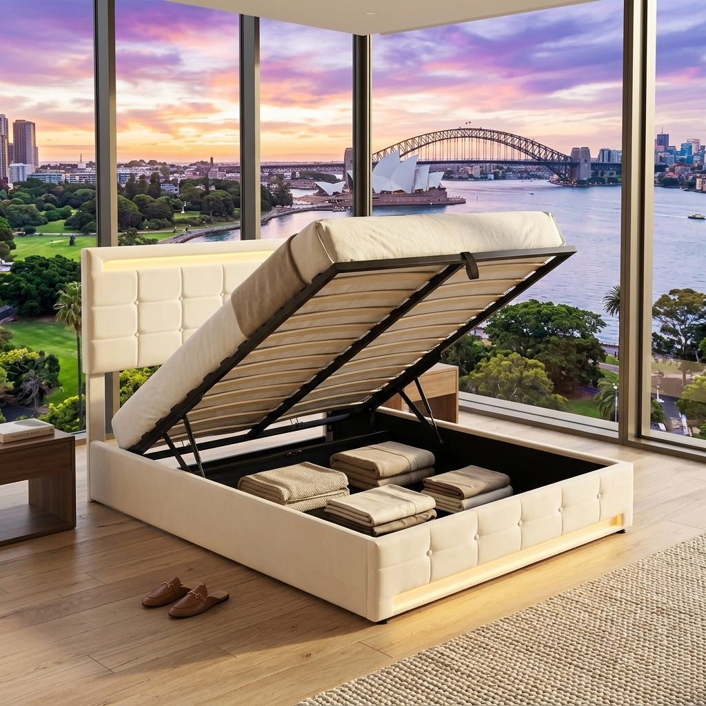 Audreamy Arlo Ottoman Bed Beige Velvet Double