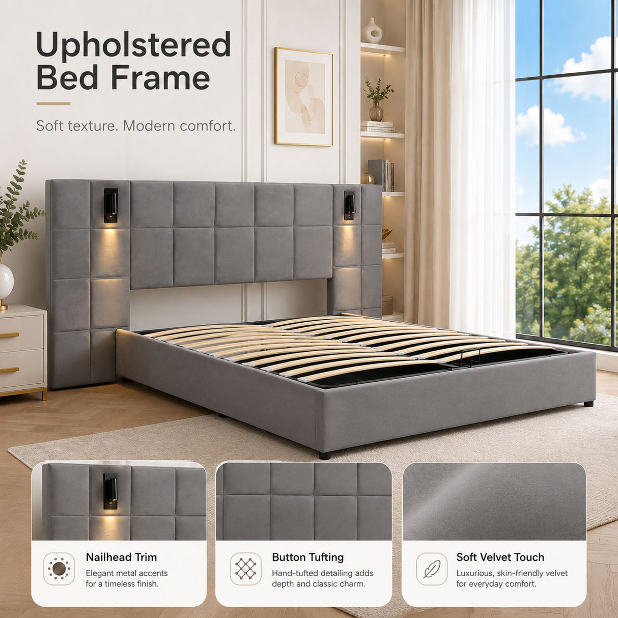 Audreamy Kellan Ottoman Bed Grey Velvet