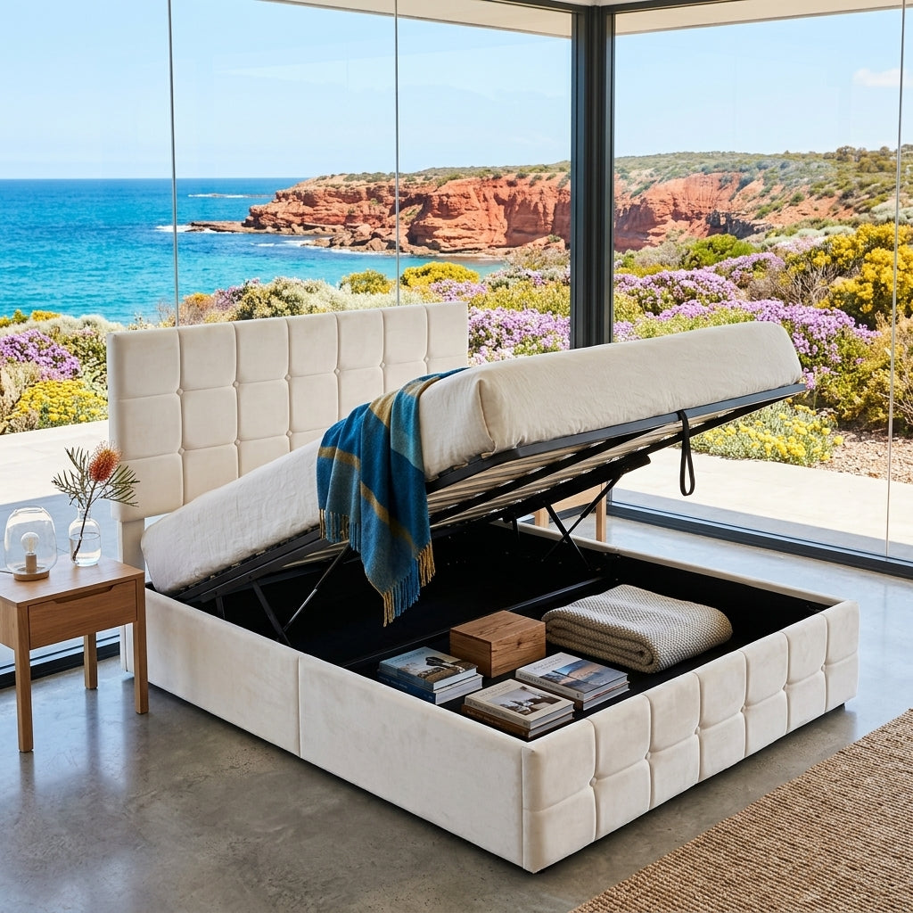 Audreamy Opal Ottoman Bed Beige Velvet Double