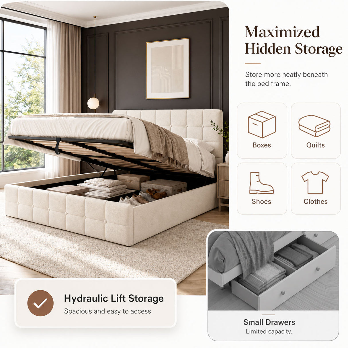 Audreamy Opal Ottoman Bed Beige Velvet Double