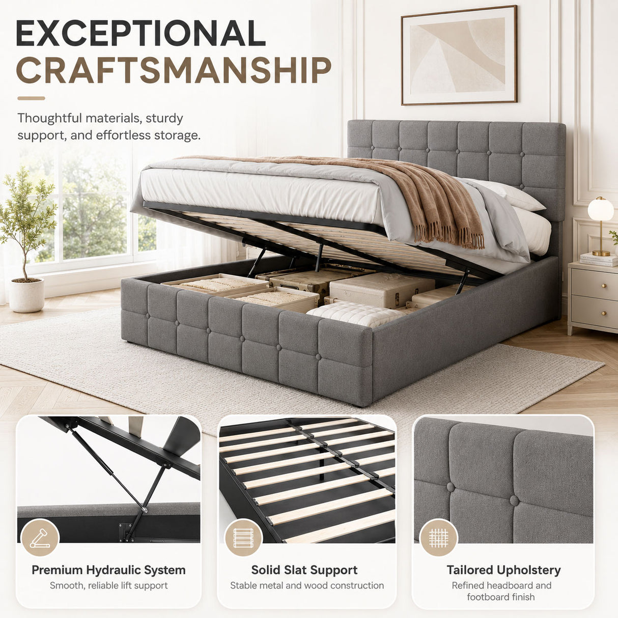 Audreamy Opal Ottoman Bed Grey Velvet Double