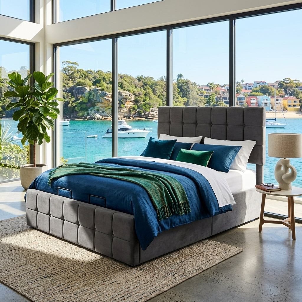 Audreamy Opal Ottoman Bed Grey Velvet Double