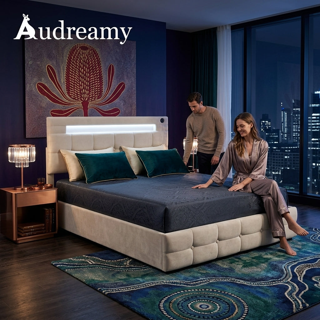Audreamy Soren Ottoman Bed Beige Velvet Double
