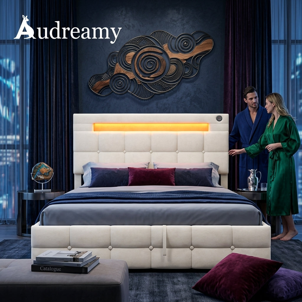 Audreamy Soren Ottoman Bed Beige Velvet Double