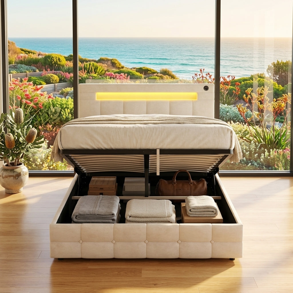 Audreamy Soren Ottoman Bed Beige Velvet Double
