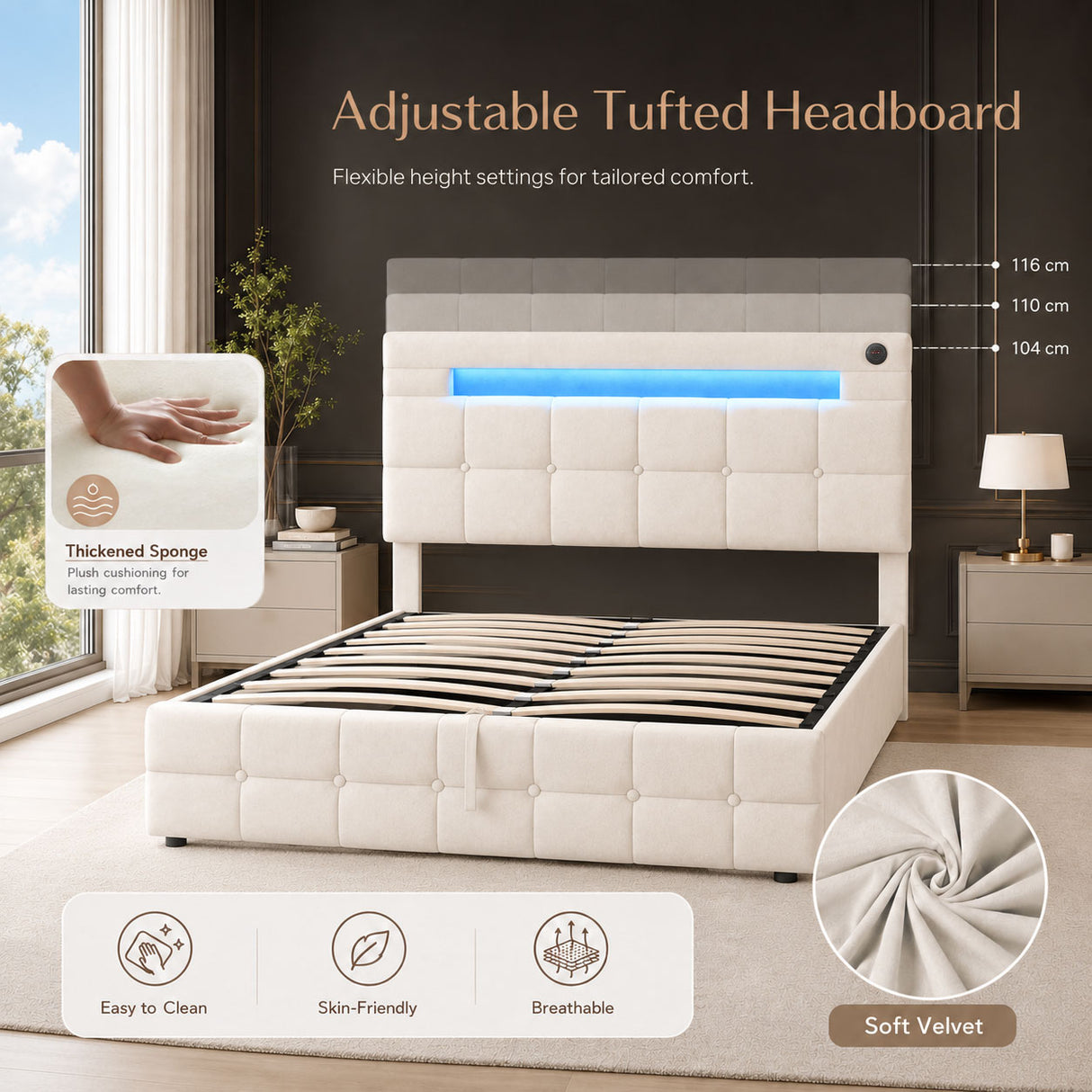 Audreamy Soren Ottoman Bed Beige Velvet Double
