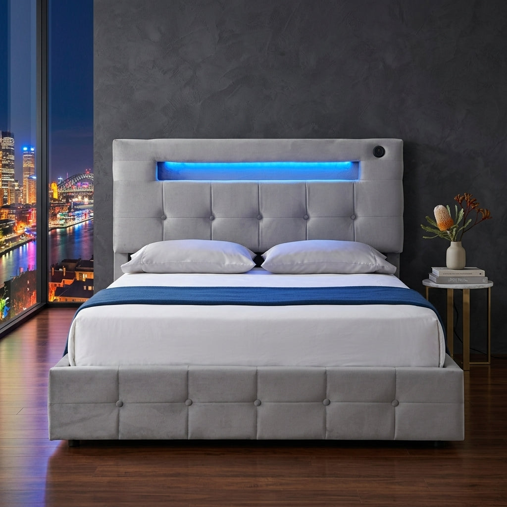 Audreamy Soren Ottoman Bed Grey Velvet Double