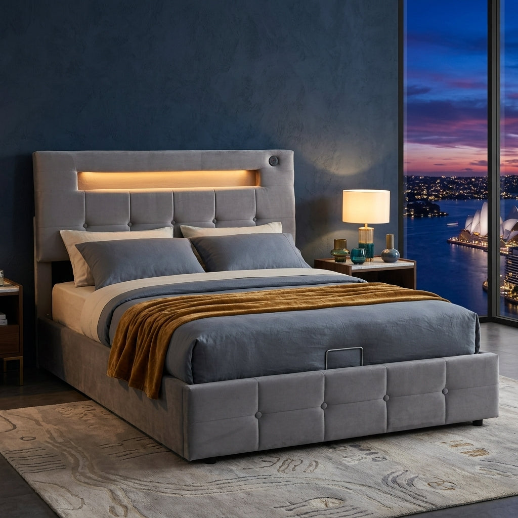 Audreamy Soren Ottoman Bed Grey Velvet Double