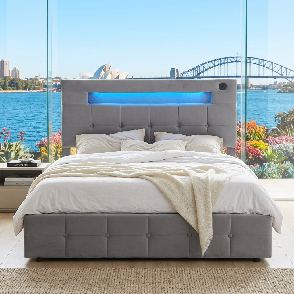 Audreamy Soren Ottoman Bed Grey Velvet Double