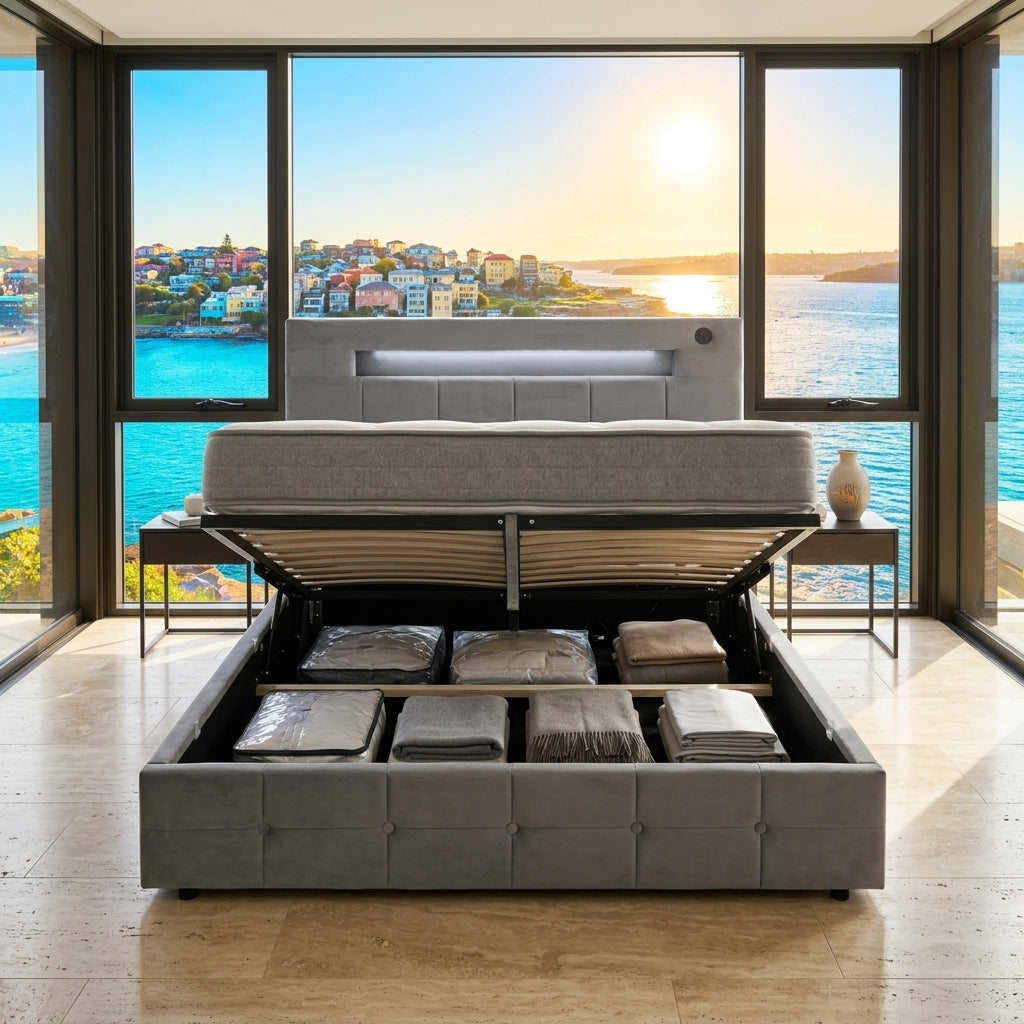 Audreamy Soren Ottoman Bed Grey Velvet Double
