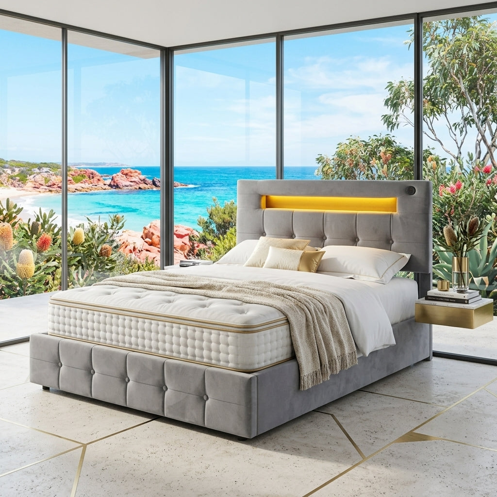 Audreamy Soren Ottoman Bed Grey Velvet Double
