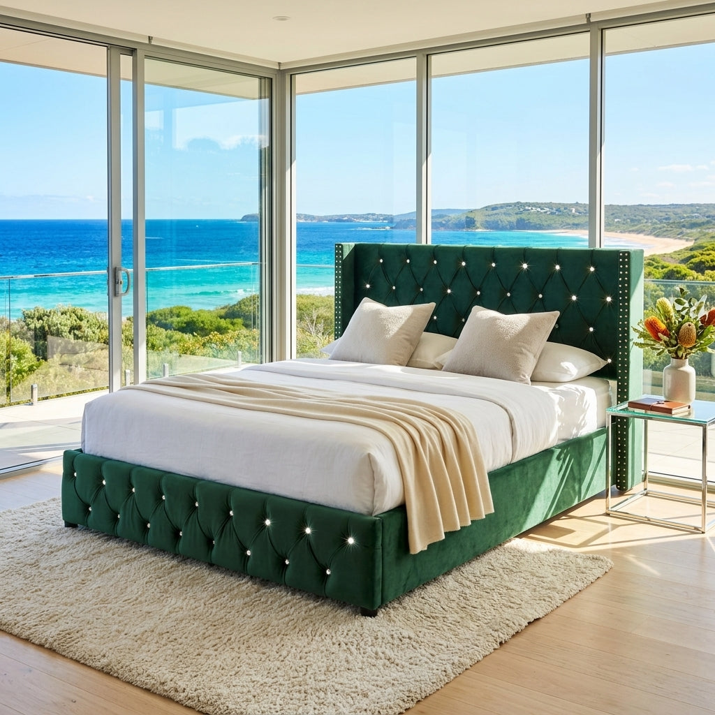 Audreamy Verona Ottoman Bed Green Velvet Double