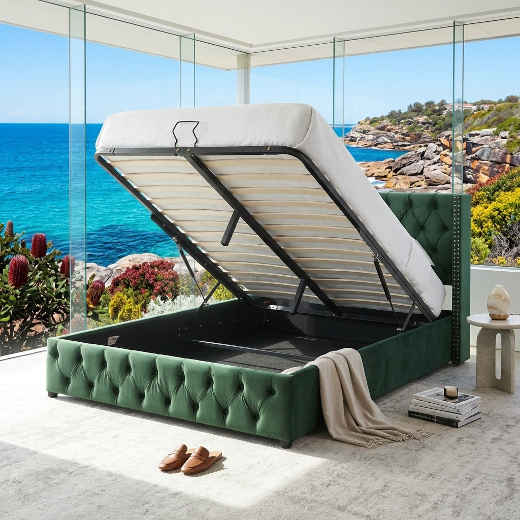 Audreamy Verona Ottoman Bed Green Velvet Double