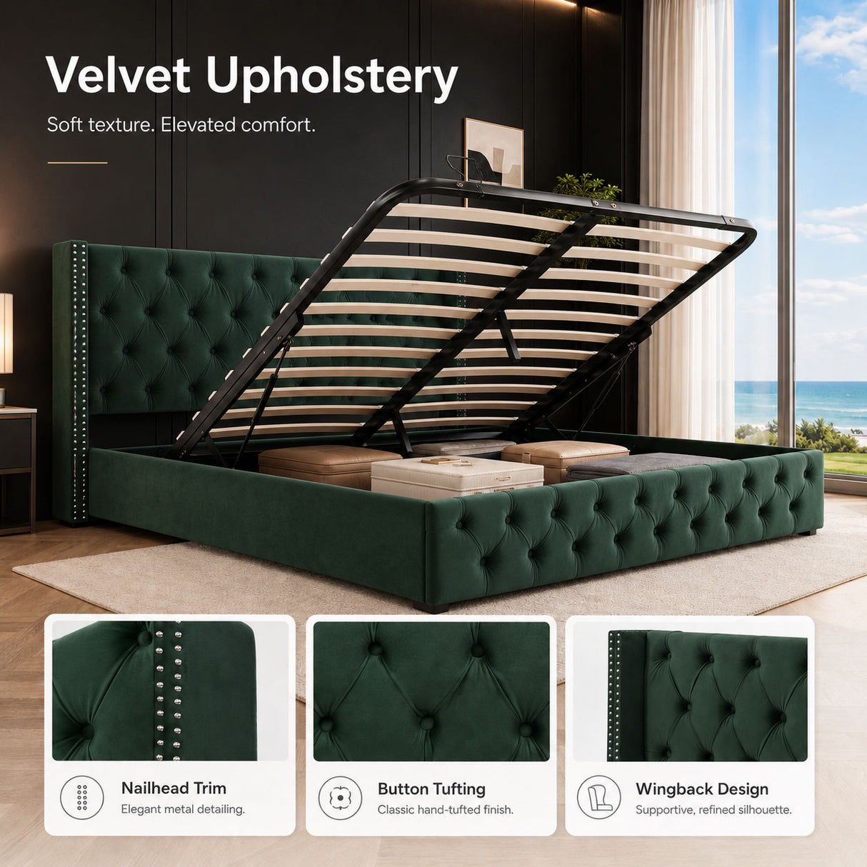 Audreamy Verona Ottoman Bed Green Velvet Double