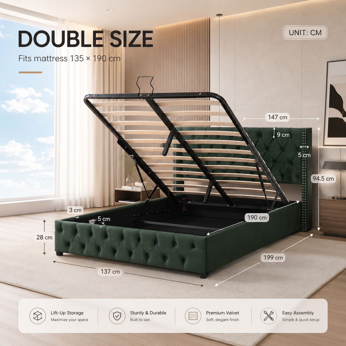 Audreamy Verona Ottoman Bed Green Velvet Double