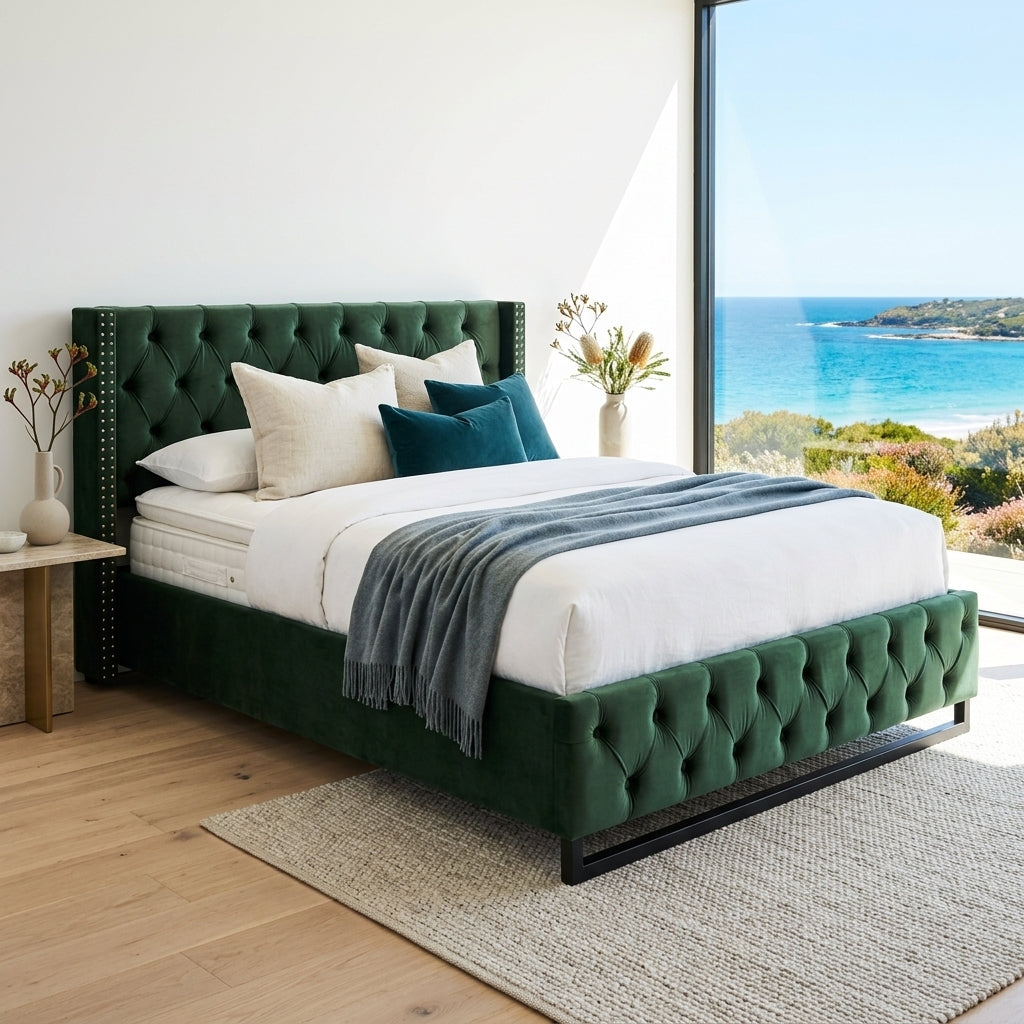 Audreamy Verona Ottoman Bed Green Velvet Double