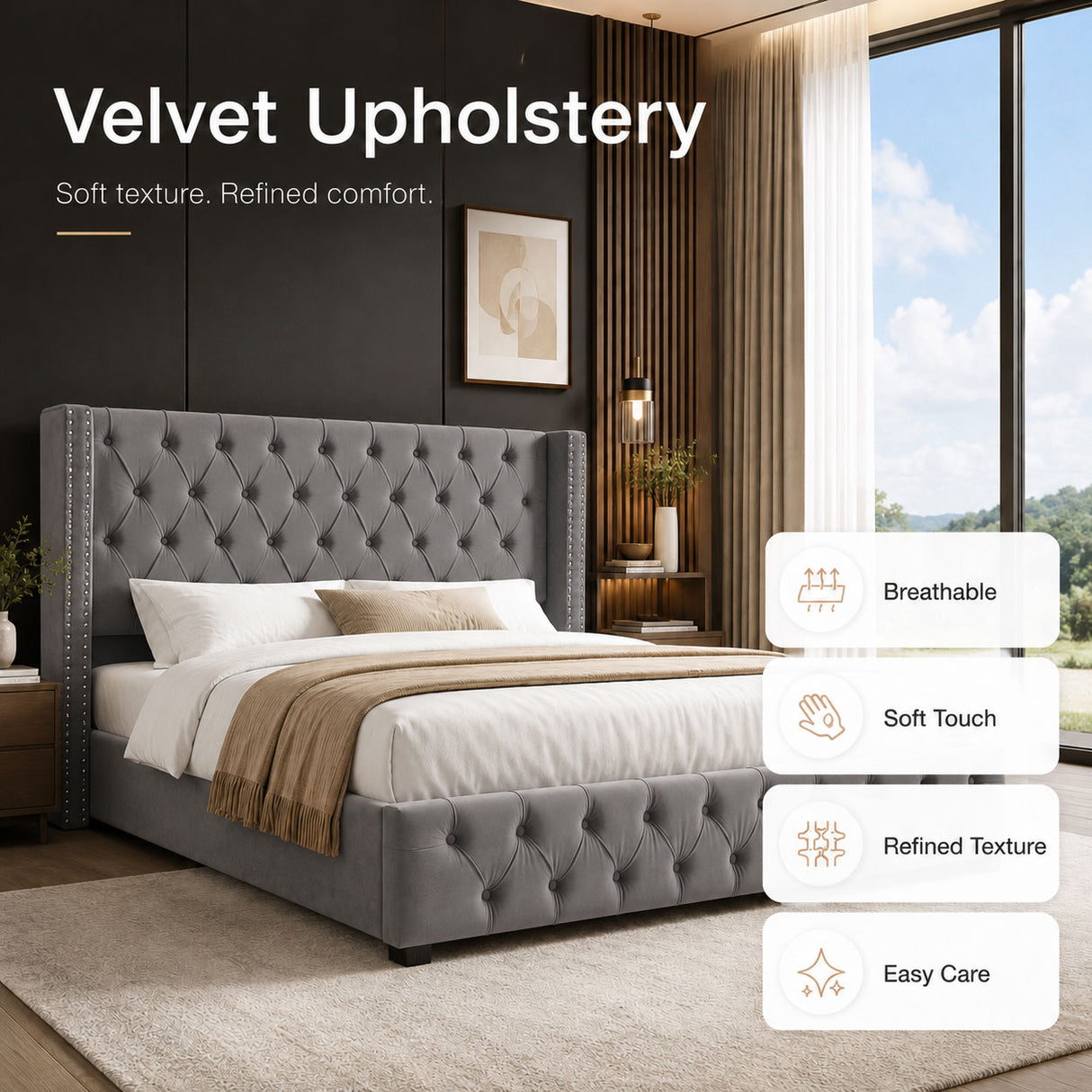 Audreamy Verona Ottoman Bed Grey Velvet King Size