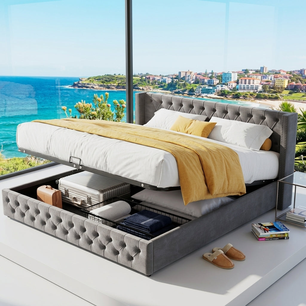 Audreamy Verona Ottoman Bed Grey Velvet King Size