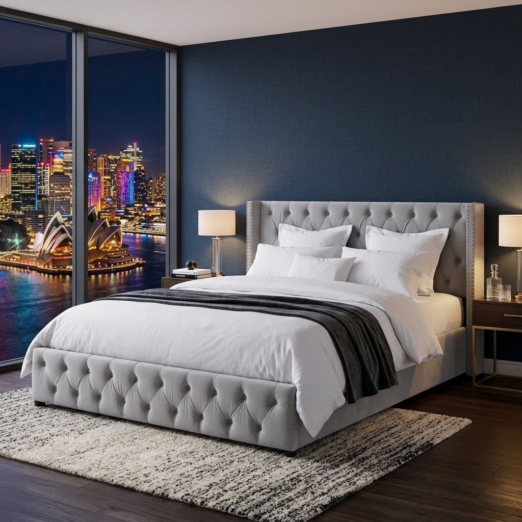 Audreamy Verona Ottoman Bed Grey Velvet King Size